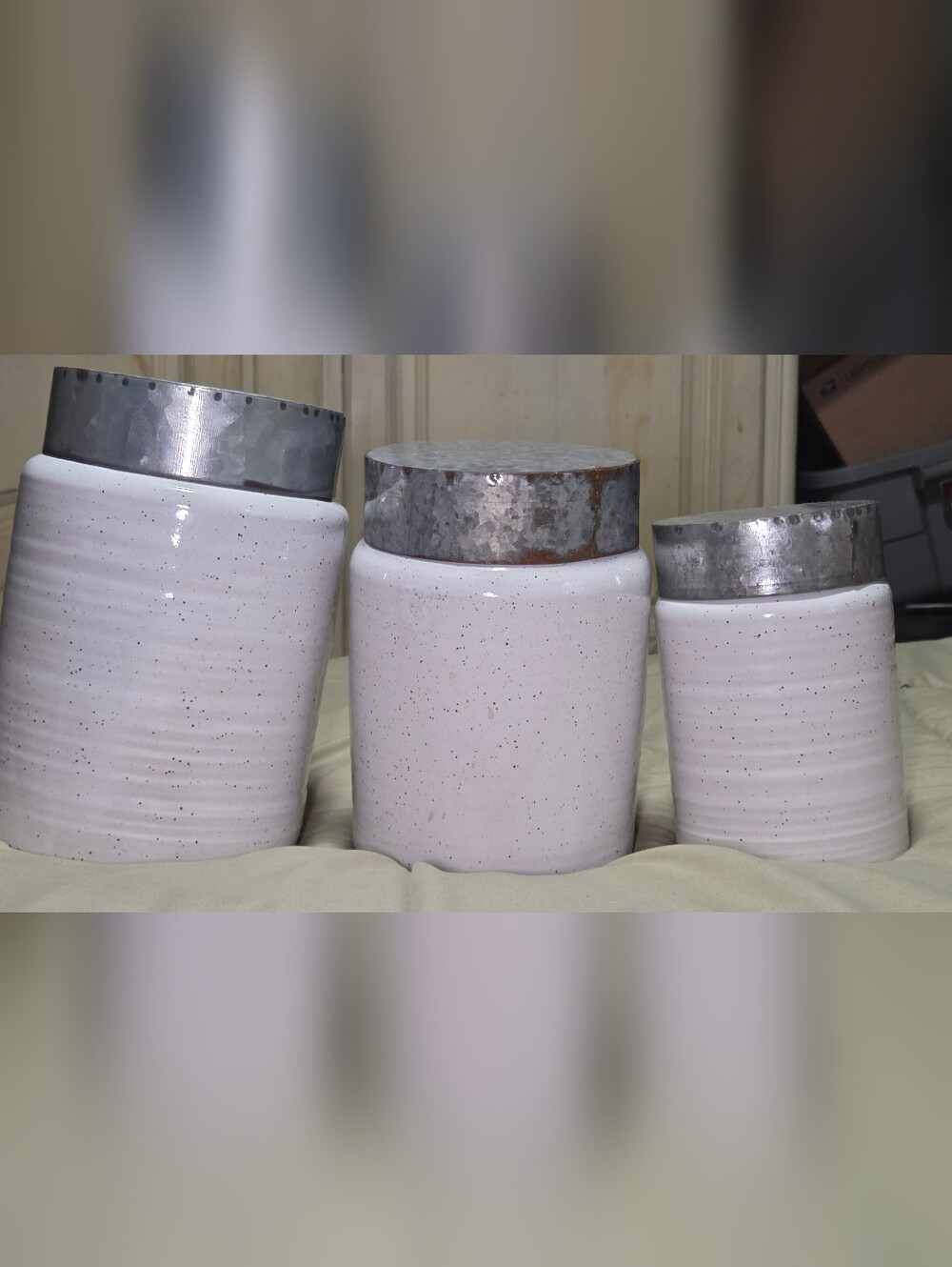 Set of 3 White Speckled Ceramic Canisters w/ Galvanized Metal Lids Farmhouse Kit
